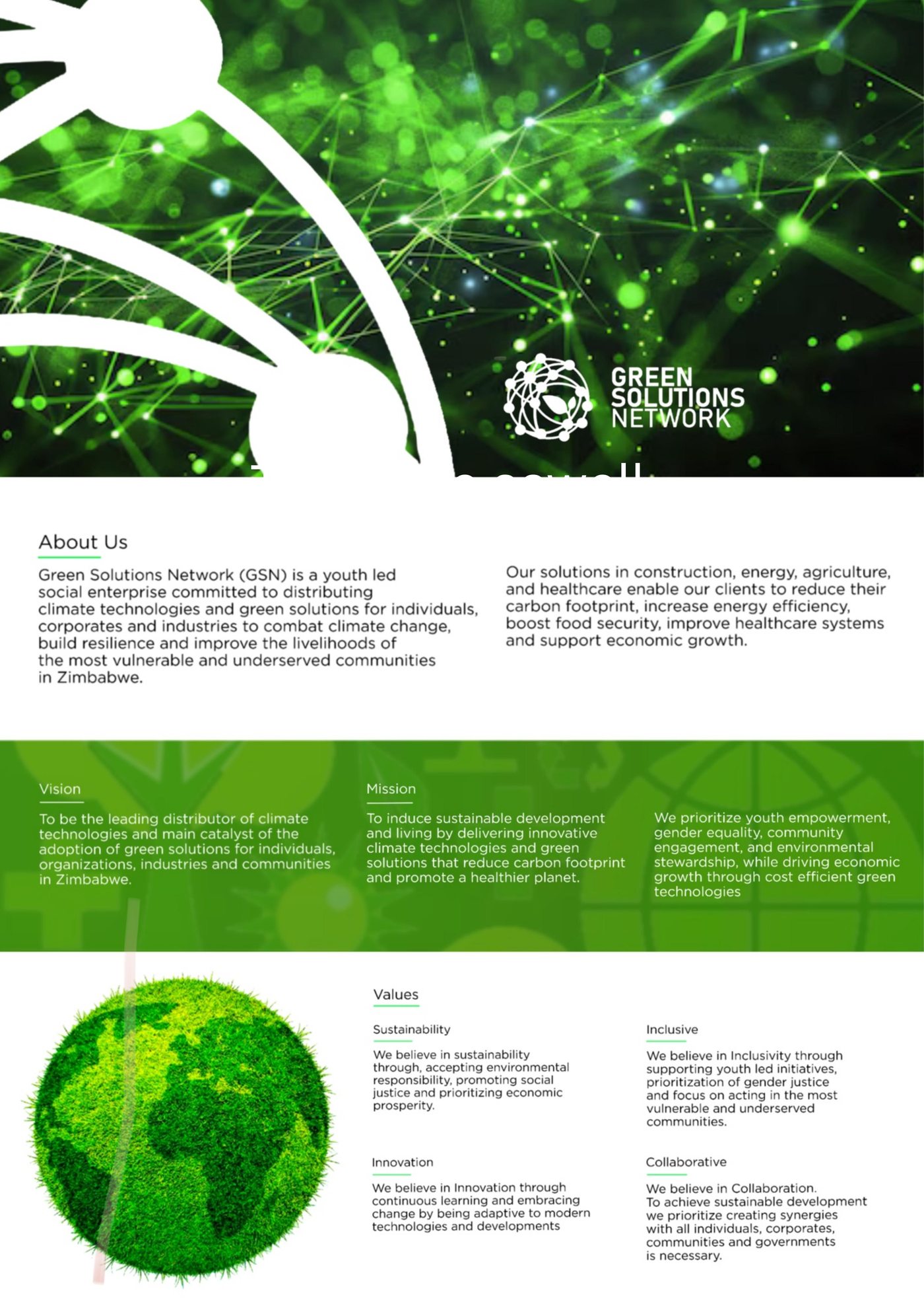 Green Solutions Network About Us page: who we are, vision, mission and values