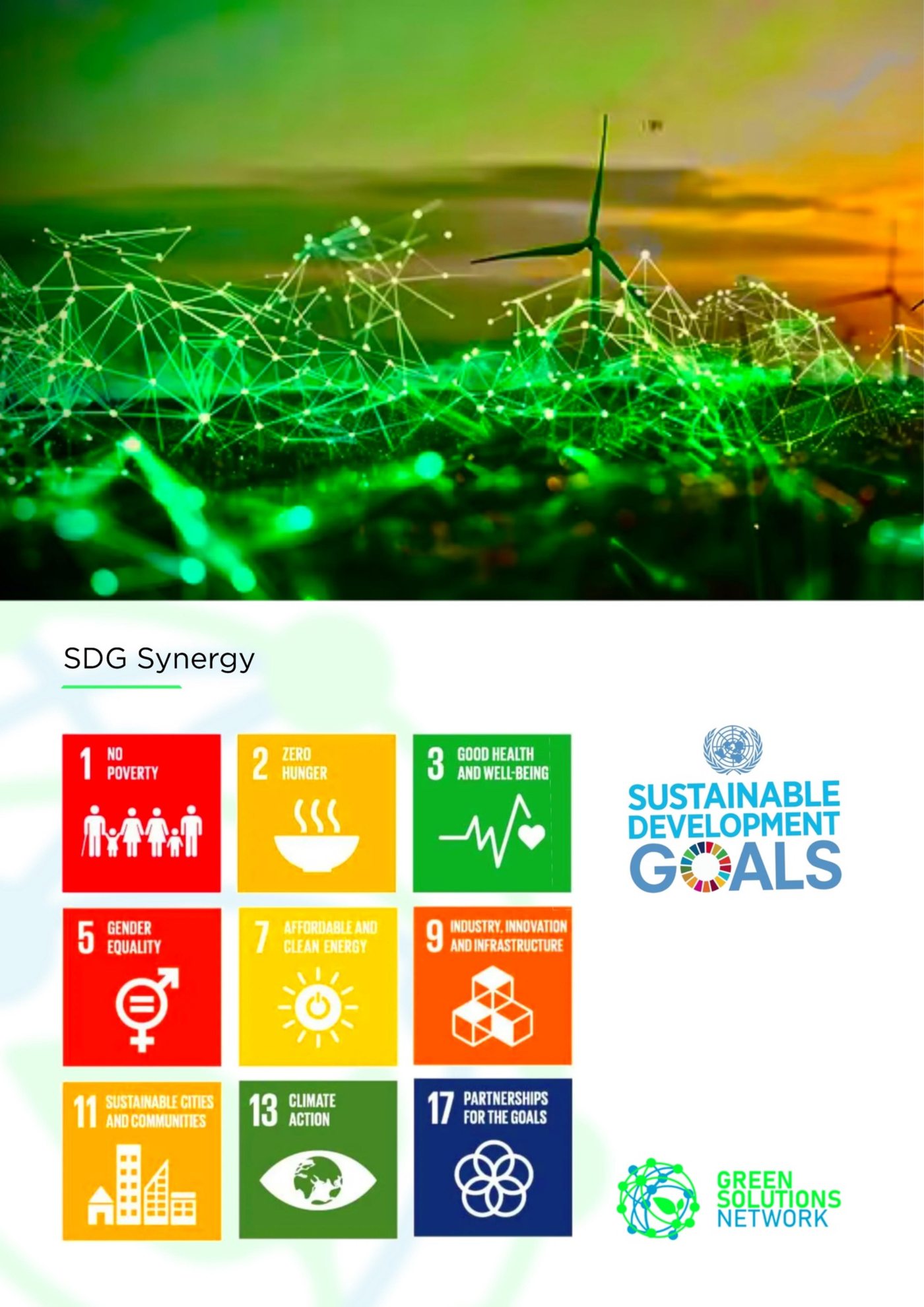 SDG synergy page with wind-network header and Goals 1, 2, 3, 5, 7, 9, 11, 13 and 17