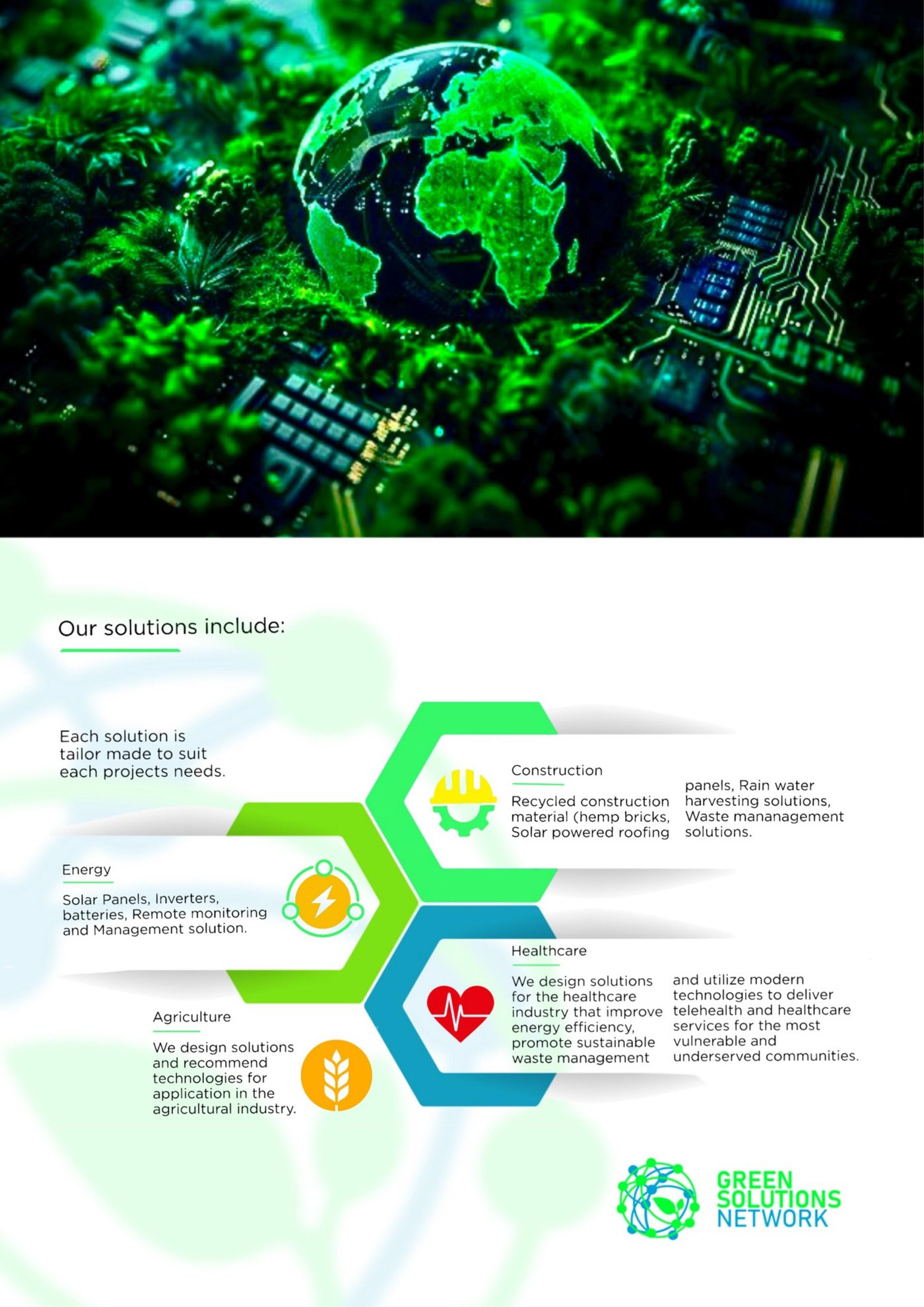 GSN solutions page: Energy, Agriculture, Construction and Healthcare